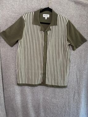 Chandler Bing 90s Retro Knit Polo Olive Striped Grandpa L
